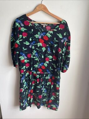 Banana Republic Black Mini Dress with Red Floral & Blue Bird Print